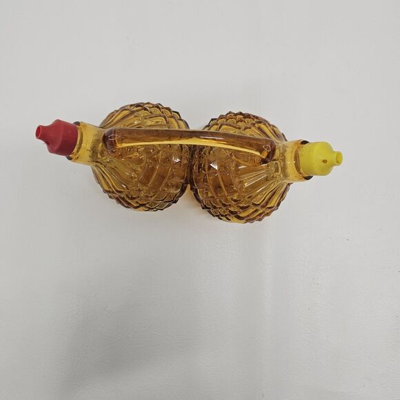 Vtg Amber Glass Oil Vinegar Cruet Set Diamond Pattern Red Yellow Spout Handle - Picture 11 of 13